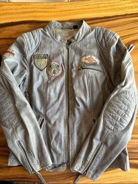 Harley-Davidson Gray Leather Riding Gear Jacket with Patch Detail